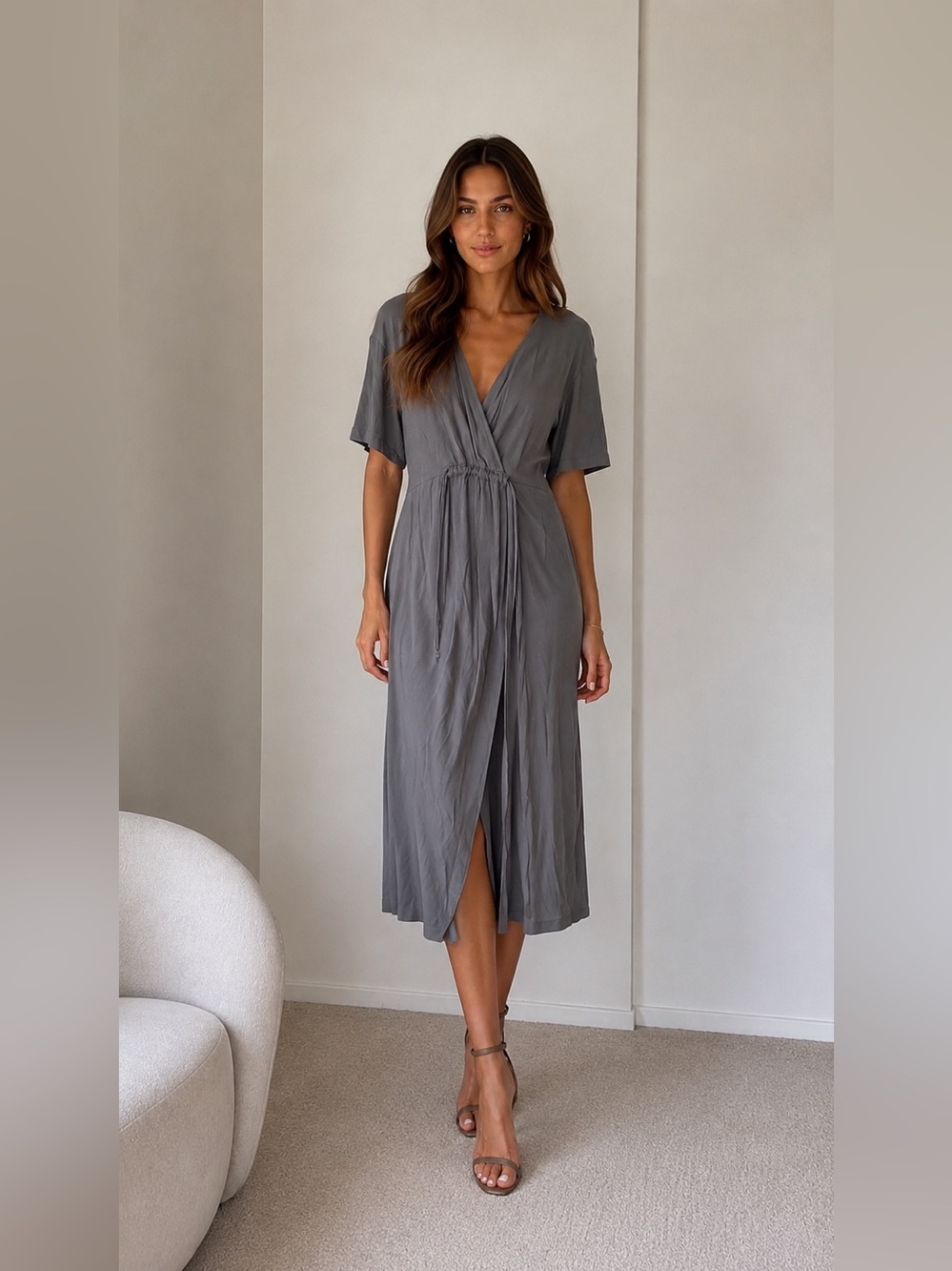 Zara Gray Draped Wrap V-Neck Midi Dress Size S